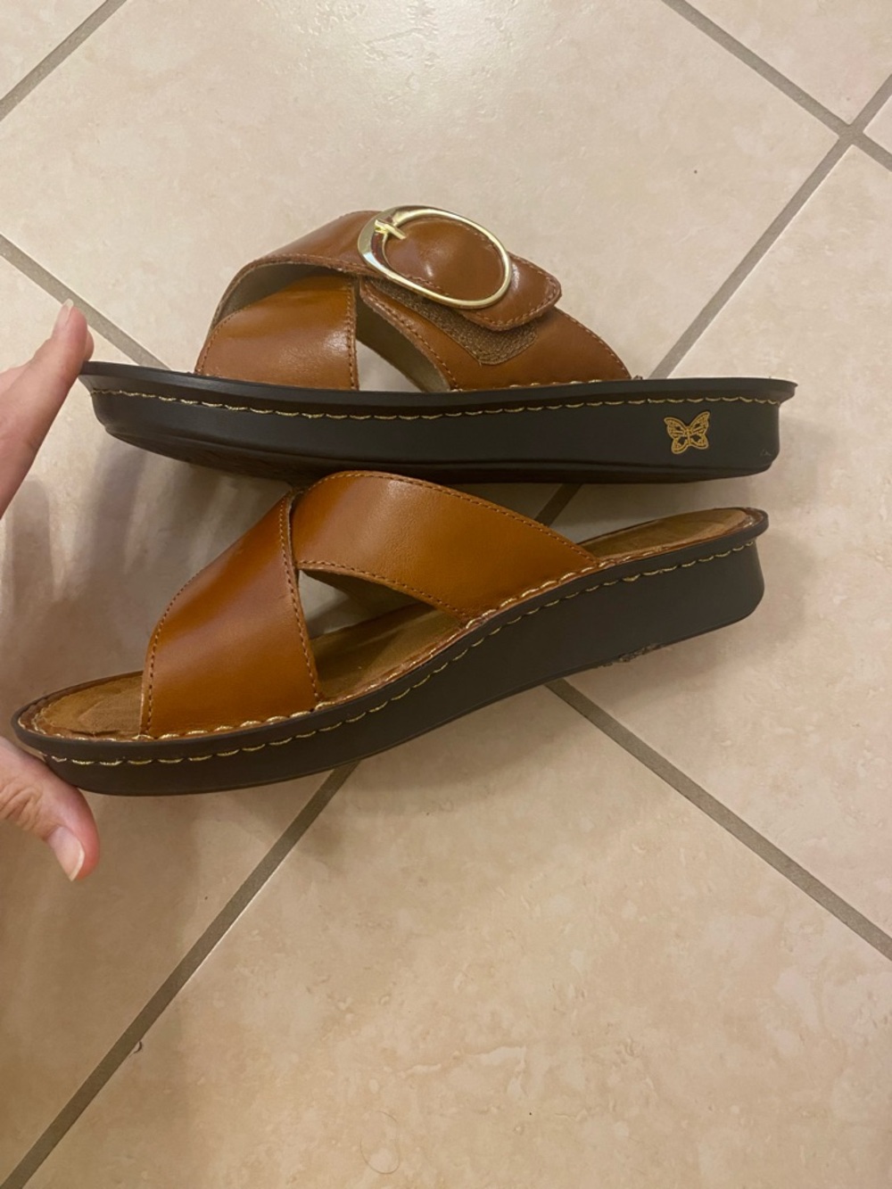 Alegria Brown Leather Crossover Slide Sandals with Gold Buckle - Picture 4 of 8